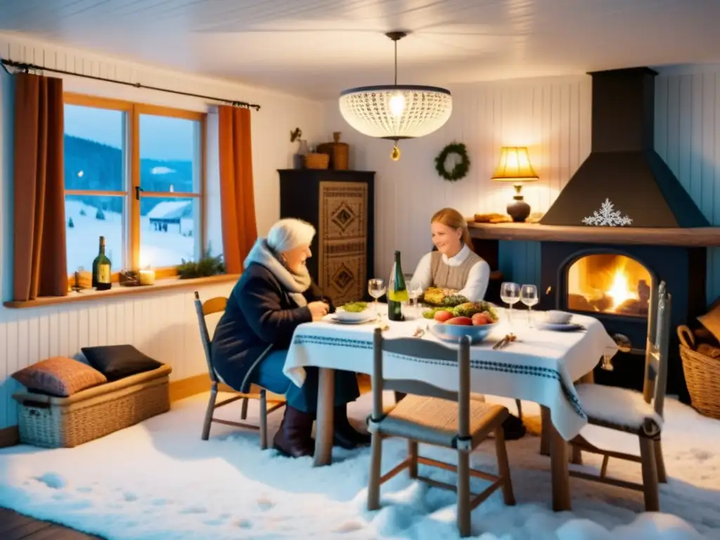 Tradiciones familiares en pensiones: Acogedora pensión familiar sueca con decoraciones nórdicas tradicionales, chimenea crepitante y paisaje nevado