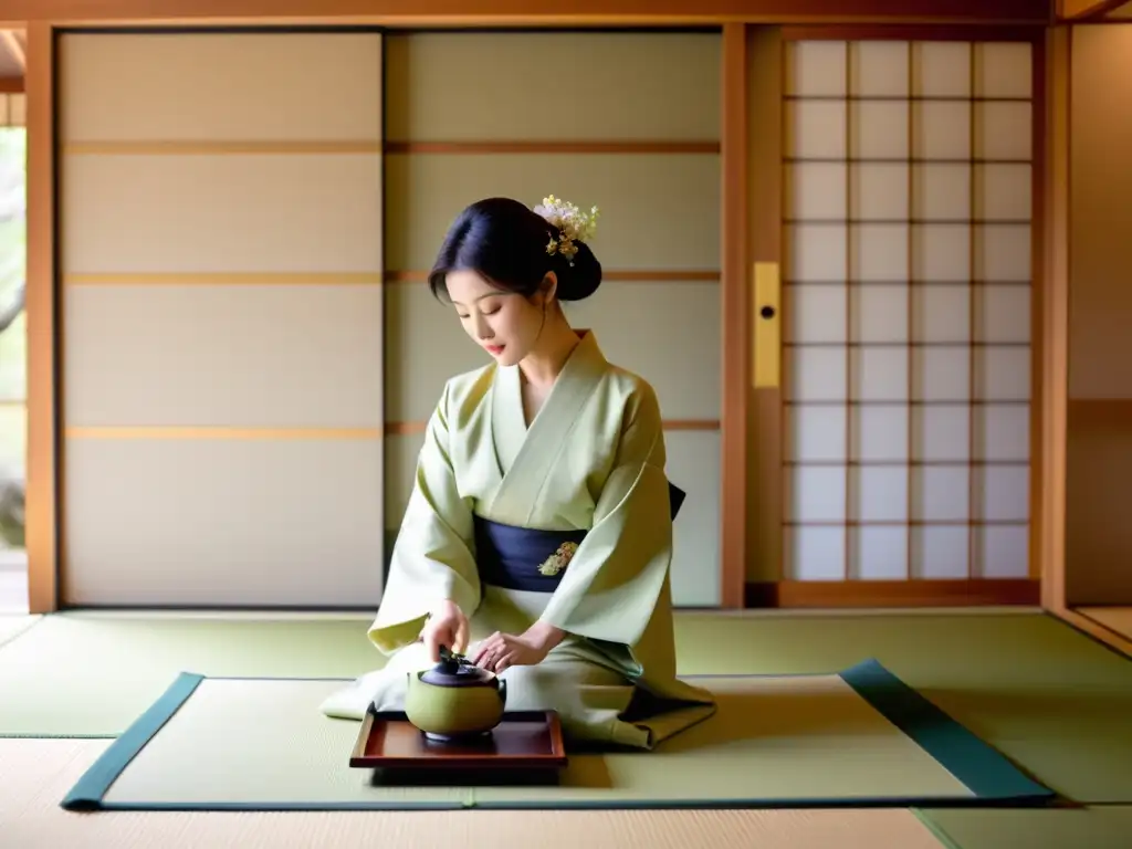 Tradiciones festivales cultura Kioto Japón: Ceremonia del té japonesa en tatami con kimono y sakura en la alcoba iluminada