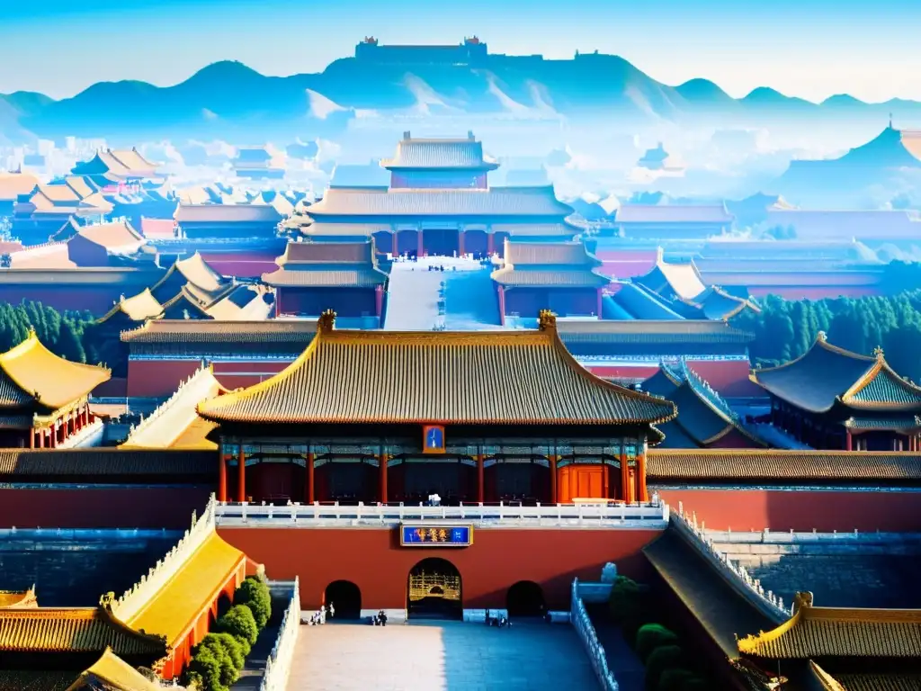 Tradiciones y palacios imperiales de China: Vista majestuosa de la Ciudad Prohibida, con su arquitectura roja y dorada bajo un cielo azul