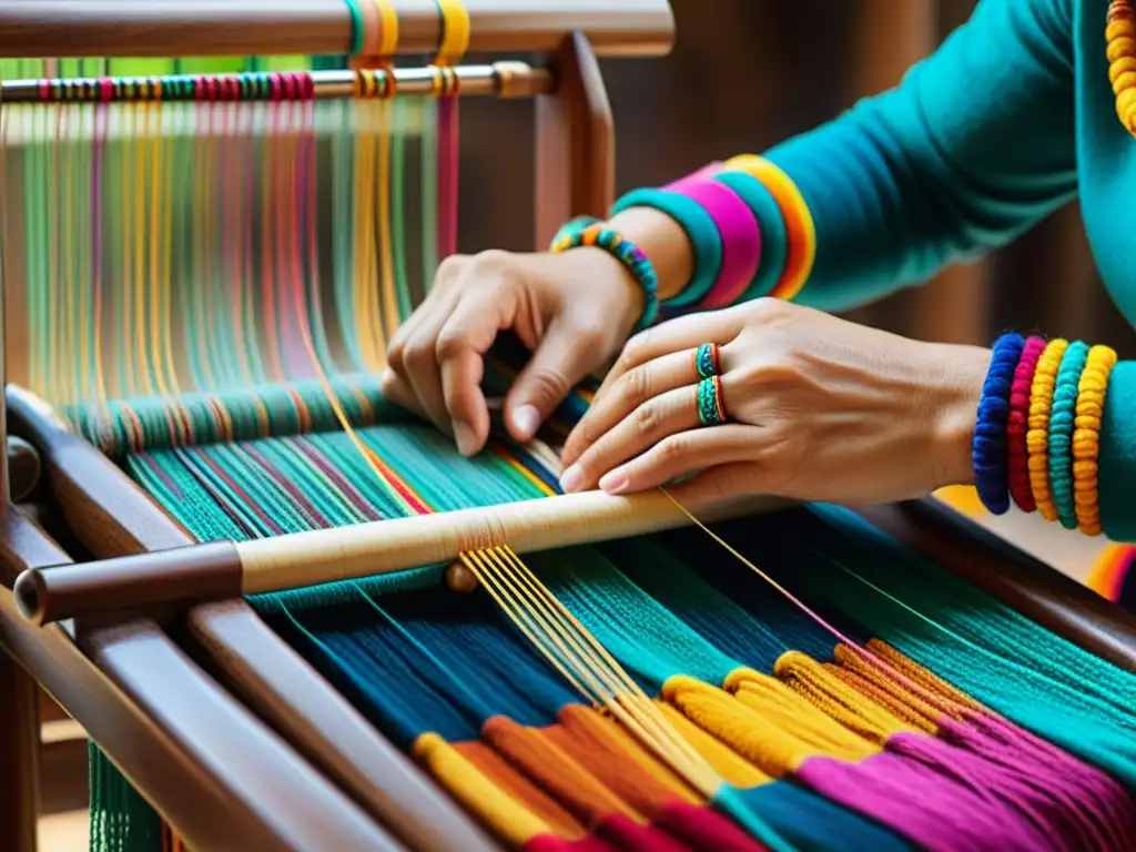 Revive tradiciones en taller textil: Manos hábiles tejiendo colorida lana en telar de madera, con detalles culturales vibrantes