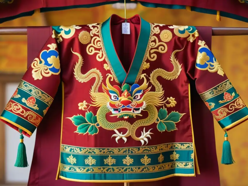 Un traje Gho tradicional de Bután en exquisito brocado rojo y dorado, colgado junto a rollos de Thangka pintados