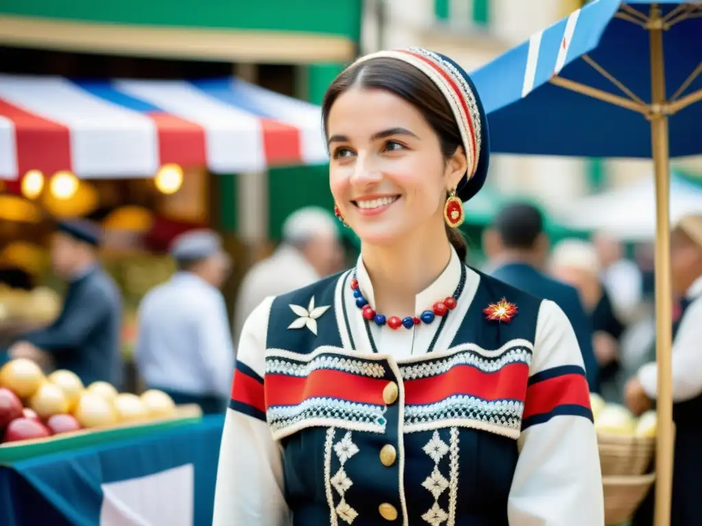 Un traje bretón tradicional se exhibe con orgullo en un bullicioso mercado parisino, demostrando la influencia del traje bretón en París