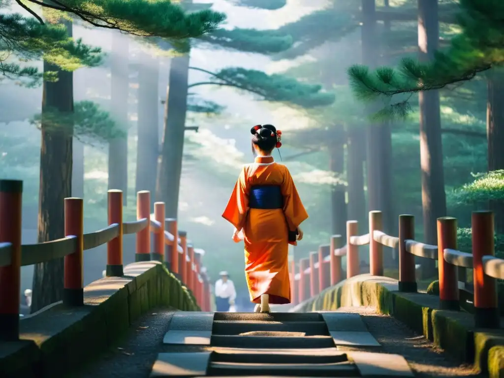 Un tranquilo amanecer en el santuario Fushimi Inari, con una geisha en Kyoto