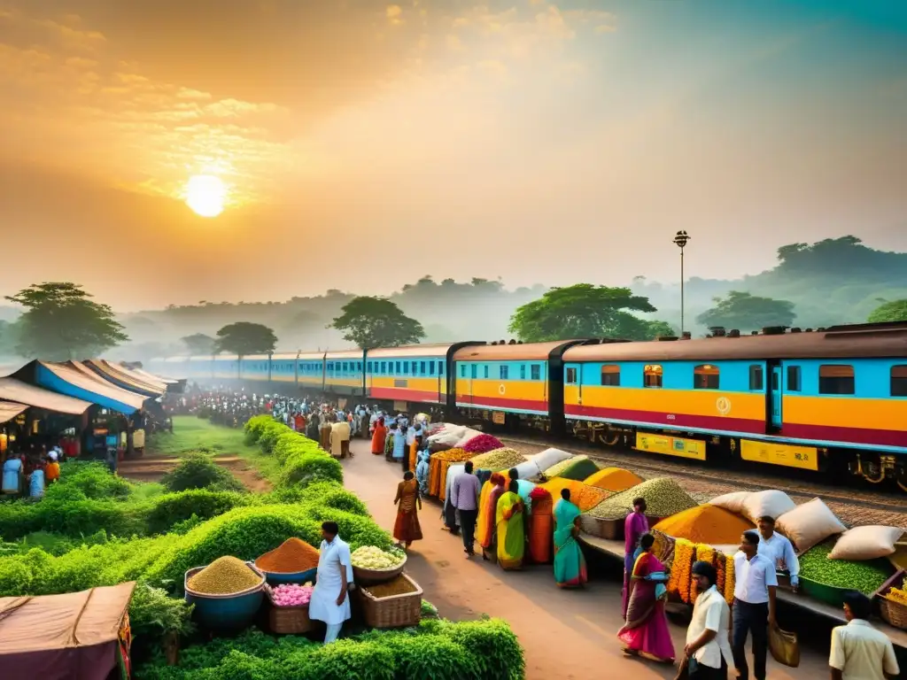 Estación de tren bulliciosa en India, con trenes coloridos, pasajeros vestidos de manera tradicional y vendedores de especias