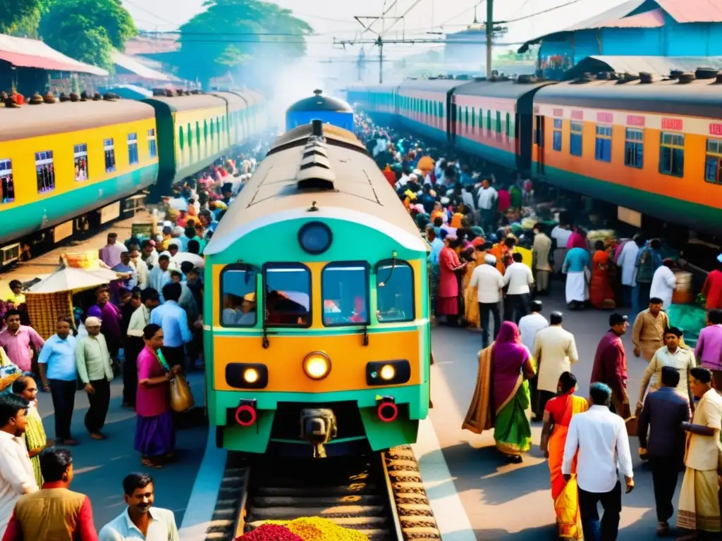 Un tren indio ricamente decorado atraviesa un bullicioso mercado, reflejando la historia ferroviaria de la India y sus tradiciones culturales