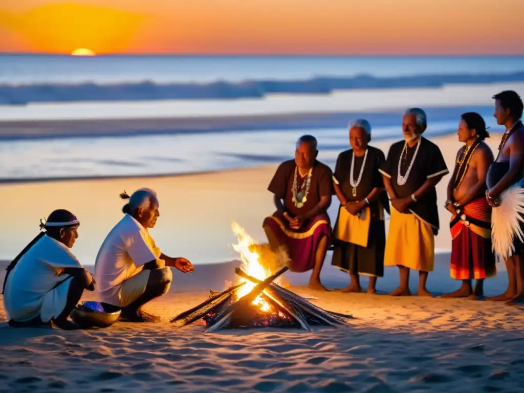 Una tribu costera se reúne alrededor de una fogata ceremonial en la playa, rezando por protección contra las amenazas a su identidad cultural