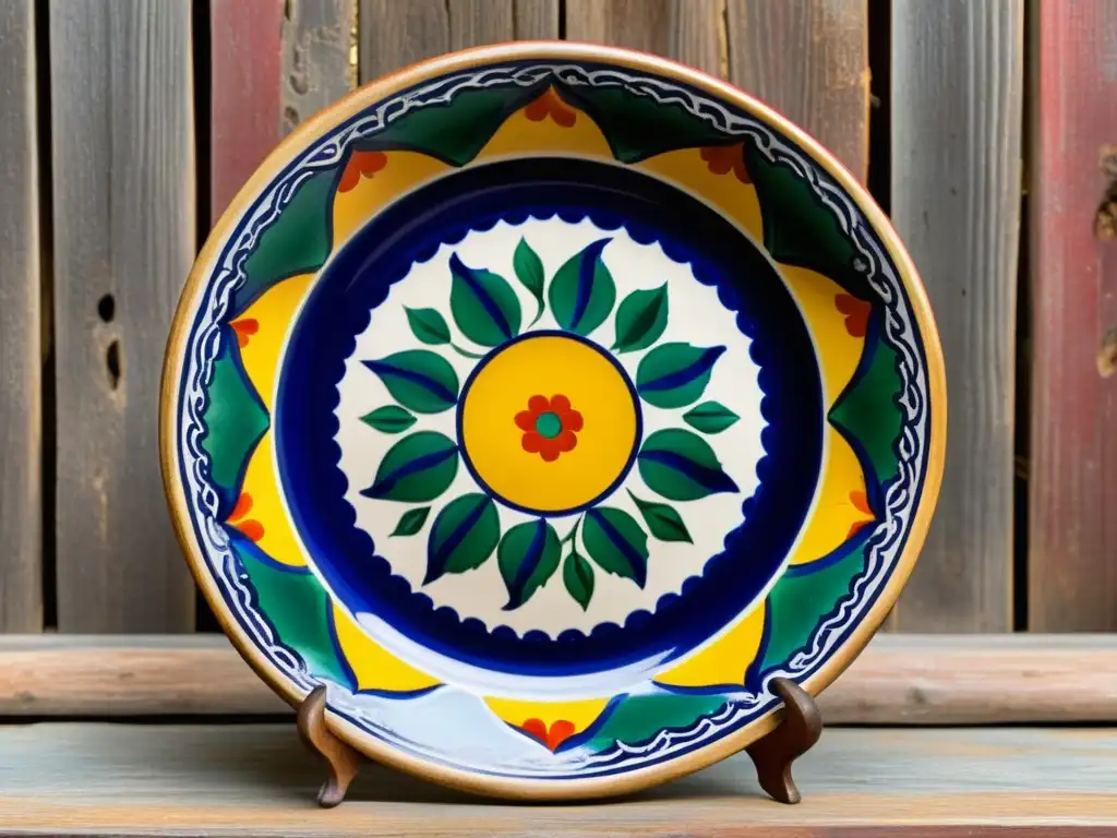 Una vajilla mexicana de Talavera contemporánea con exquisitos motivos florales en azul cobalto, amarillo intenso y verde esmeralda, sobre una mesa de madera rústica