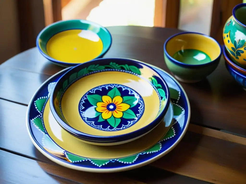 Vajilla mexicana de Talavera contemporánea en mesa de madera con diseños florales en azul, amarillo y verde, iluminados por luz natural cálida