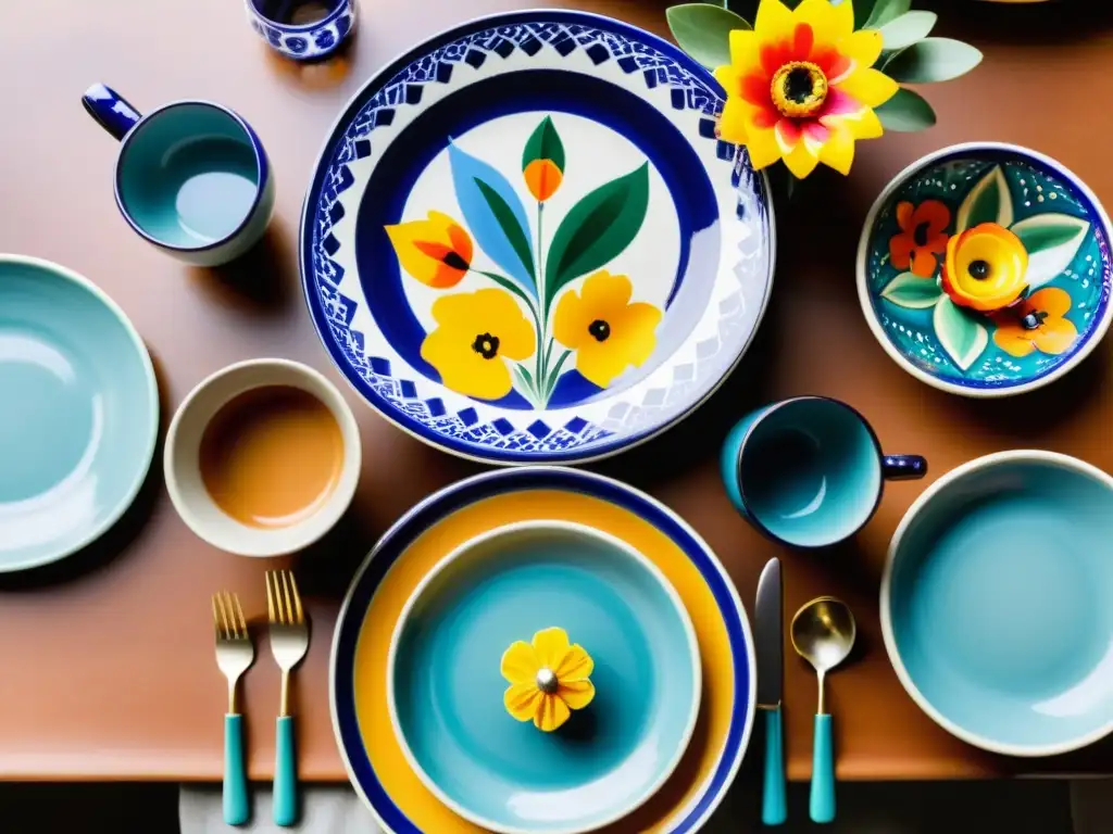 Vajilla mexicana de Talavera contemporánea en mesa elegante con flores y vajilla moderna