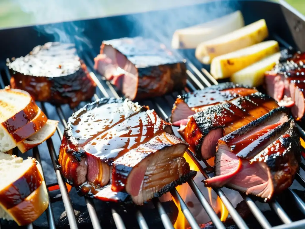 Una variedad de carnes asadas en una parrilla, reflejando la tradición de asado alrededor del mundo en una atmósfera festiva y comunitaria