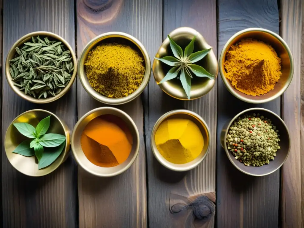 Una variedad de especias indias vibrantes y aromáticas en pequeños cuencos de latón sobre una mesa de madera rústica