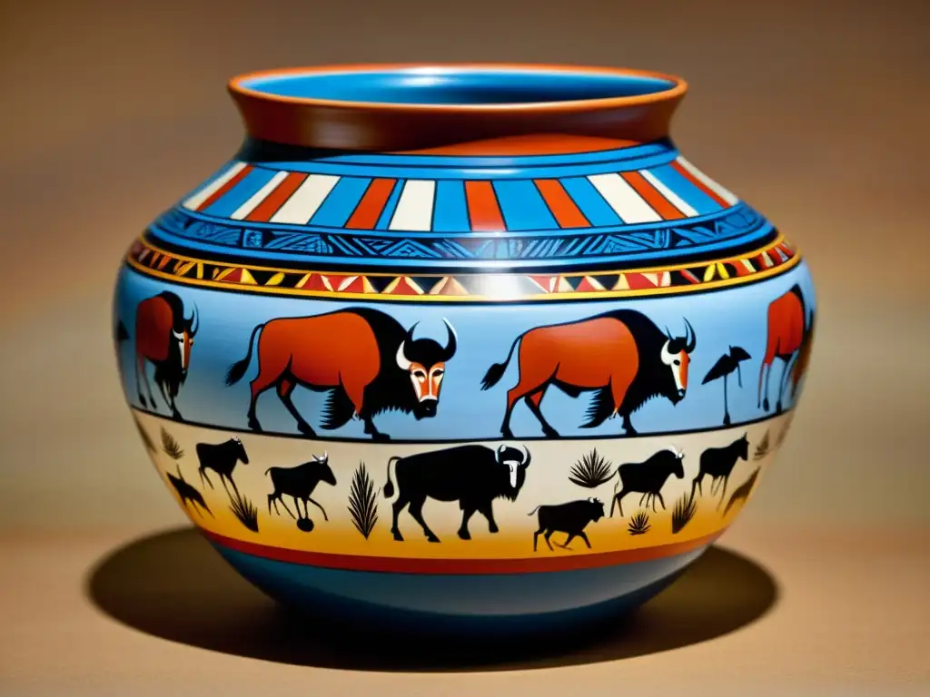 Vaso cerámico nativo americano con representación animal y escena de caza, detallado y colorido