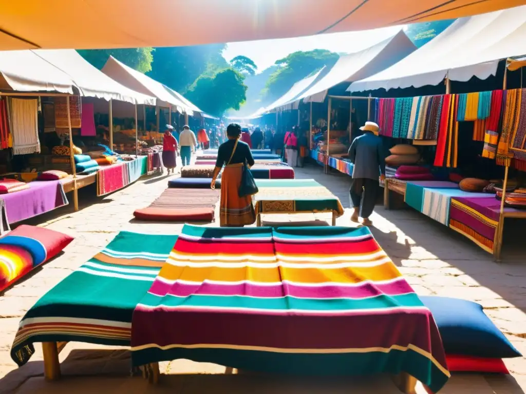 Vendedores de moda étnica tradicional en bullicioso mercado lleno de textiles vibrantes y colores tradicionales, clientes admirando artesanía