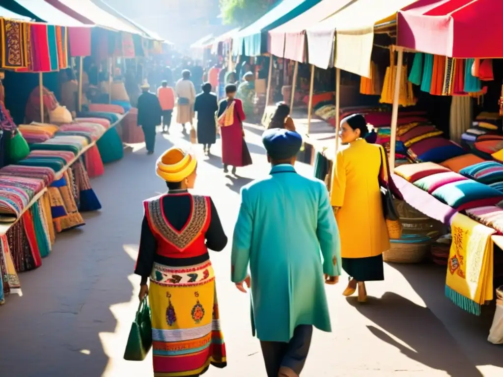 Vendedores de moda étnica tradicional exhiben coloridas prendas artesanales en bullicioso mercado, reflejando comunidad y tradición