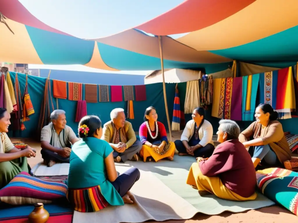 Vendedores de moda étnica tradicional tejen textiles coloridos en un mercado vibrante