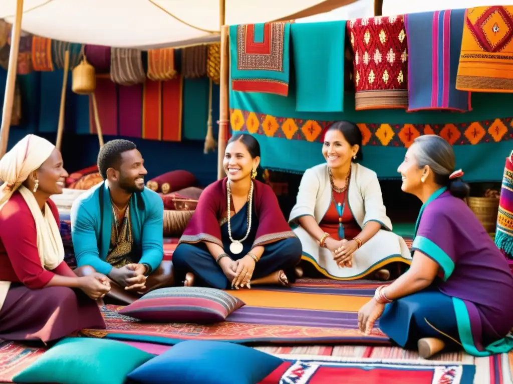 Vendedores de moda étnica tradicional en mercado bullicioso, exhibiendo coloridos textiles y prendas hechas a mano, con clientes y ambiente auténtico