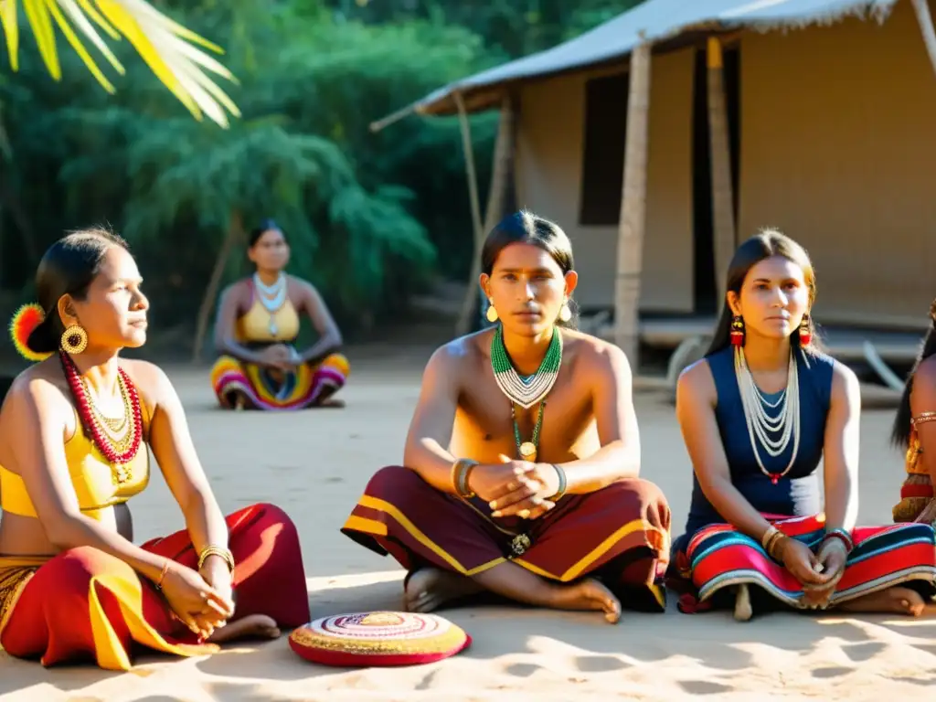 Vendedores de moda étnica tradicional tejendo textiles bajo el cálido sol del bosque