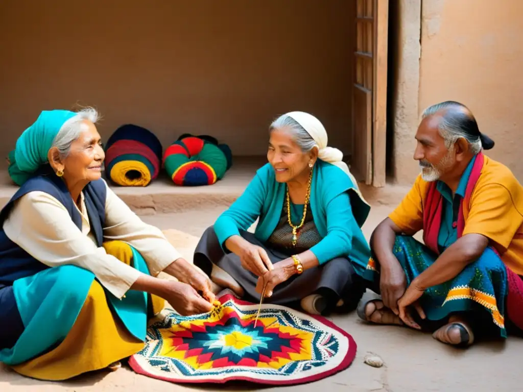 Vendedores de moda étnica tradicional tejen con sabiduría generacional y orgullo cultural, rodeados de telas vibrantes y aromas de tintes naturales