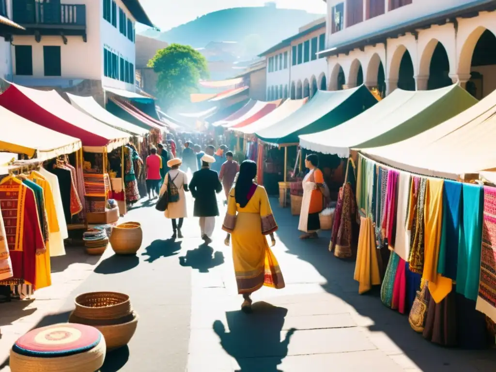 Vendedores de moda étnica tradicional en un mercado vibrante y colorido, con textiles y prendas de diferentes culturas