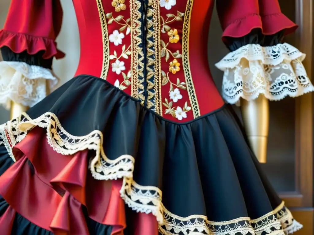 Un vestido de flamenco tradicional con bordados florales en rojo, negro y dorado