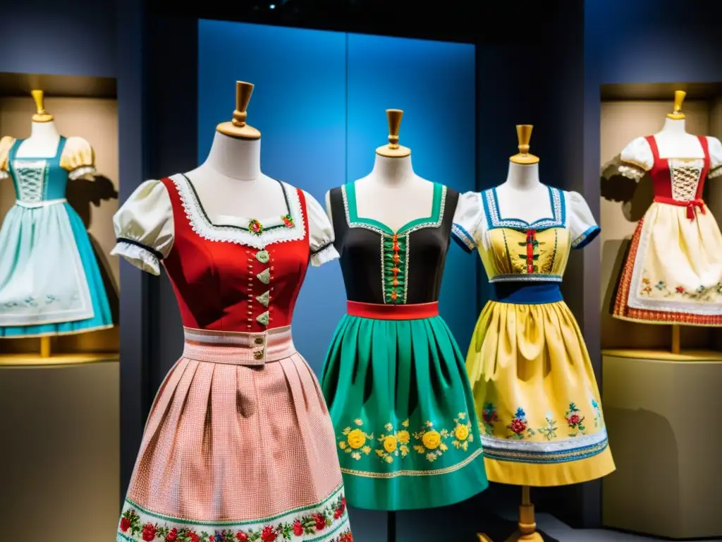 Exhibición de vestidos bávaros en museo, destacando moda contemporánea con colores vibrantes y bordados detallados