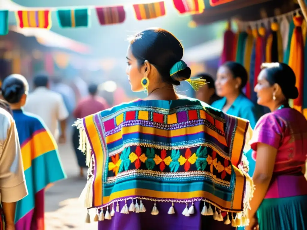 Vestimenta tradicional Maya costumbres: Huipil Maya colorido con patrones geométricos y bordados florales, en un mercado artesanal animado por mujeres