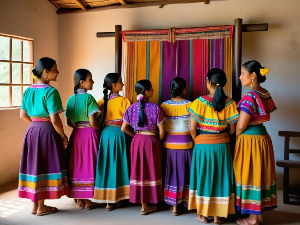 Vestimenta tradicional Maya: mujeres tejiendo en una habitación rústica, iluminadas por luz natural, con expresiones concentradas