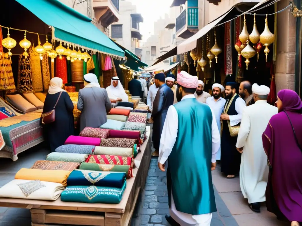 Vestimentas festivas en el Islam: bullicioso mercado con coloridos puestos de ropa y accesorios tradicionales, bañado por cálida luz dorada