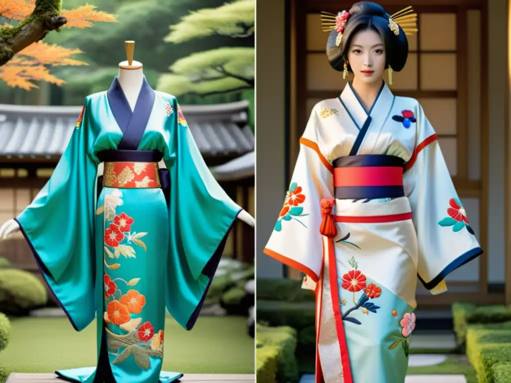 Evolución del vestuario tradicional japonés: Kimono tradicional y moderno cosplay en un jardín japonés