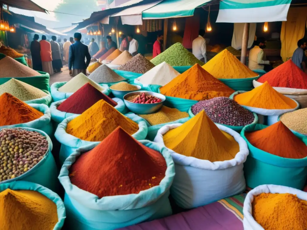 Viaje al corazón de India: Un bullicioso mercado de especias con colores vibrantes, aromas terrosos y gente regateando