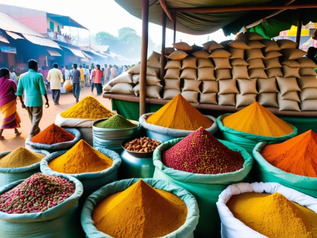 Viaje al corazón de India: Mercado bullicioso con especias aromáticas y coloridas, donde la luz del sol brilla sobre la escena animada