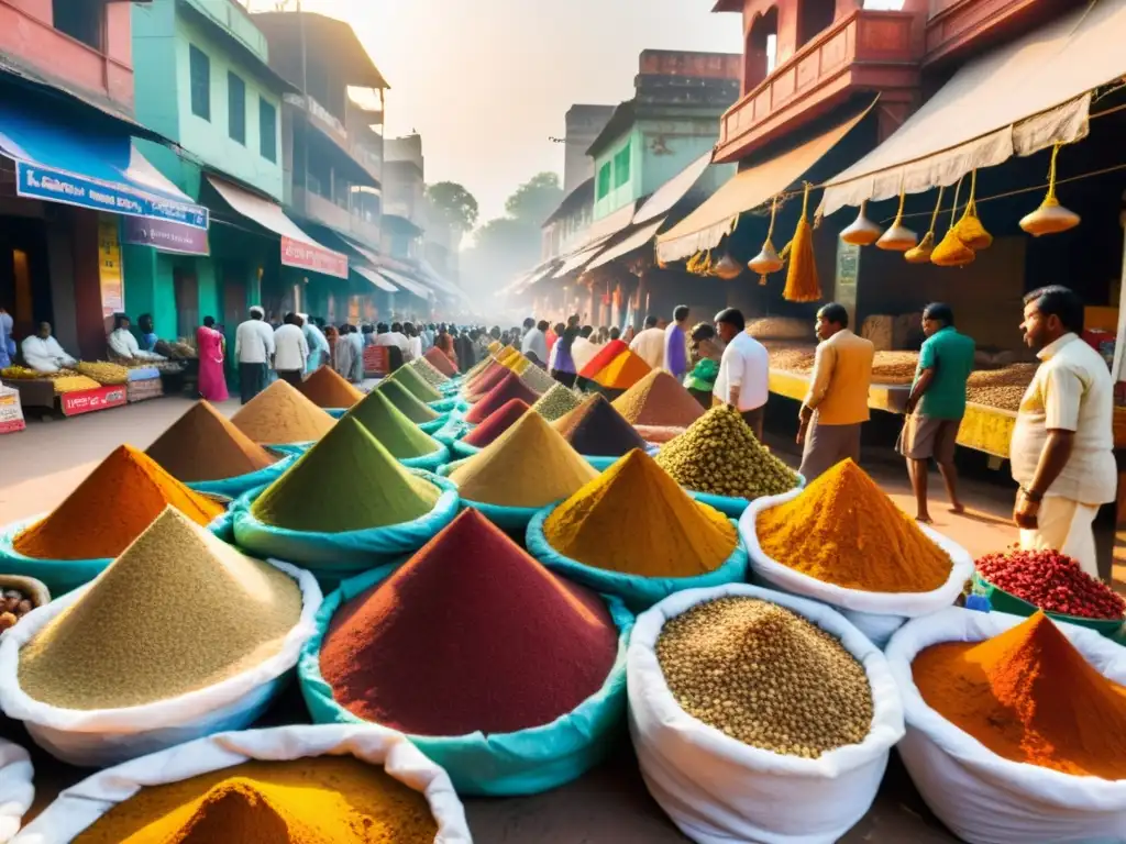 Viaje al corazón de India: Mercado bullicioso con especias apiladas en patrones vibrantes, locales regateando al fondo, colores y aromas envolventes