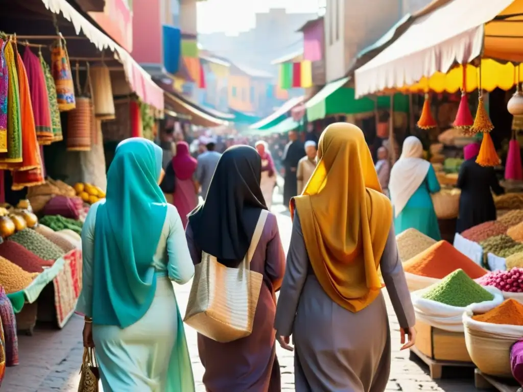 Viajeras musulmanas interculturales conversan animadamente en un bullicioso mercado, rodeadas de colores y aromas vibrantes