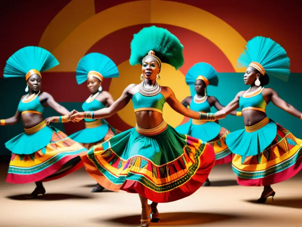 Una vibrante actuación de danza tradicional africana, con trajes coloridos y detallados, movimientos gráciles y energía