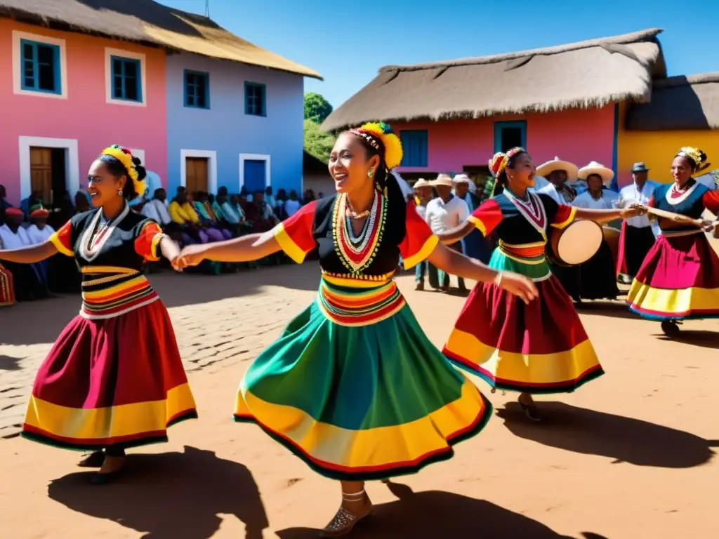 Vibrante Saya afroboliviana danza cultural, con bailarines y músicos en atuendos tradicionales, en una plaza animada