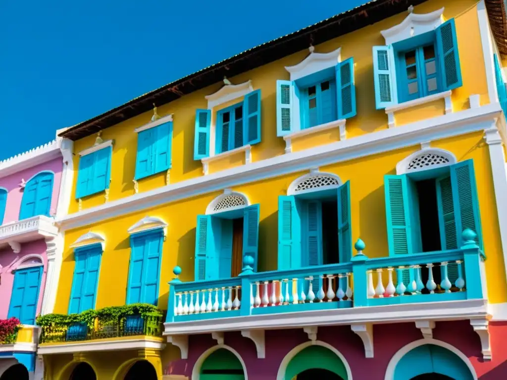 Vibrante arquitectura colonial francesa en Puducherry: balcones ornamentados, fachadas coloridas y detalles intrincados, bajo la cálida luz del sol