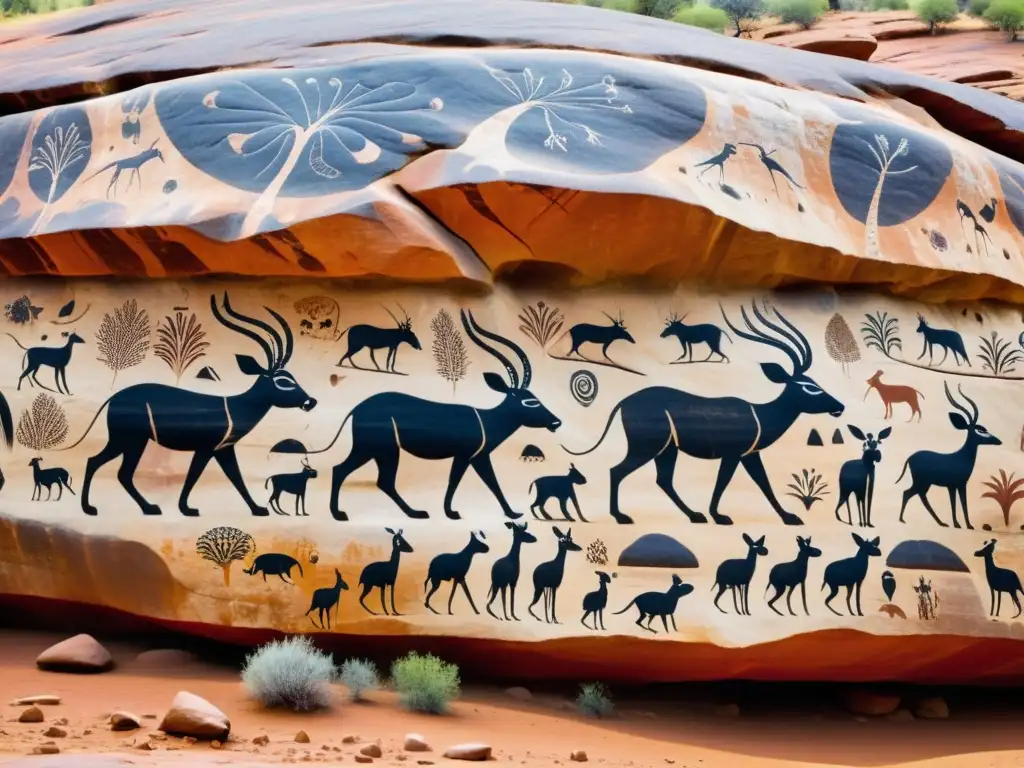 Vibrante arte rupestre aborigen Australia en el Outback, con detalladas pinturas de animales, figuras humanas y símbolos en una roca de arenisca