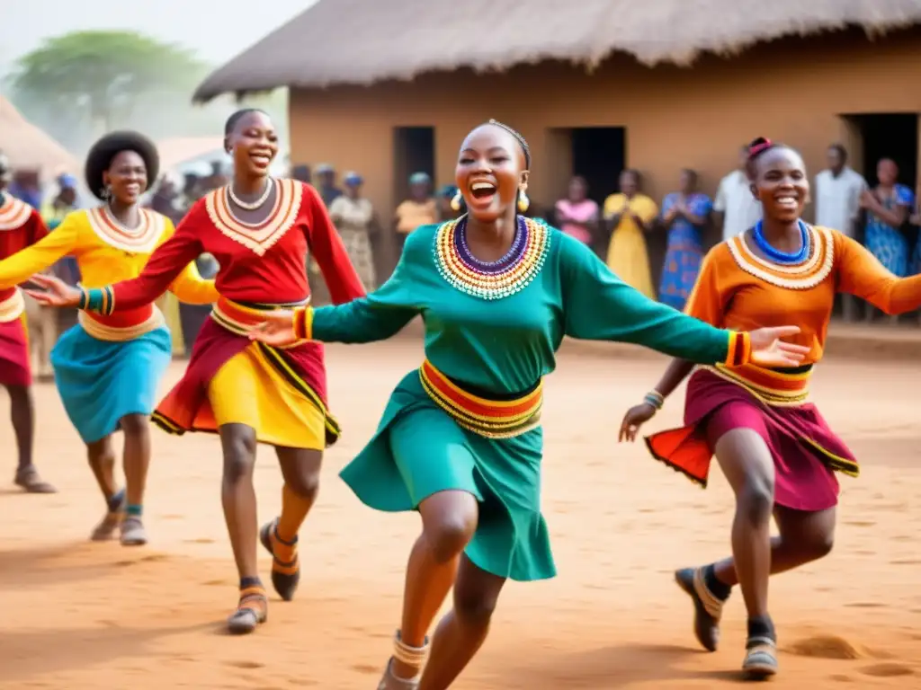 Vibrante baile africano en plaza polvorienta al atardecer, expresiones culturales a través del movimiento