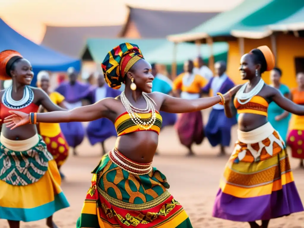 Un vibrante baile de bienvenida en África Francófona, con personas en coloridos trajes tradicionales bailando en un animado mercado al atardecer