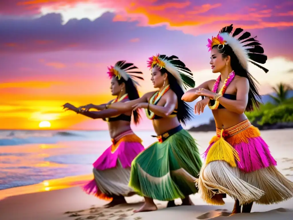 Un vibrante baile hula polinesio al atardecer en la playa