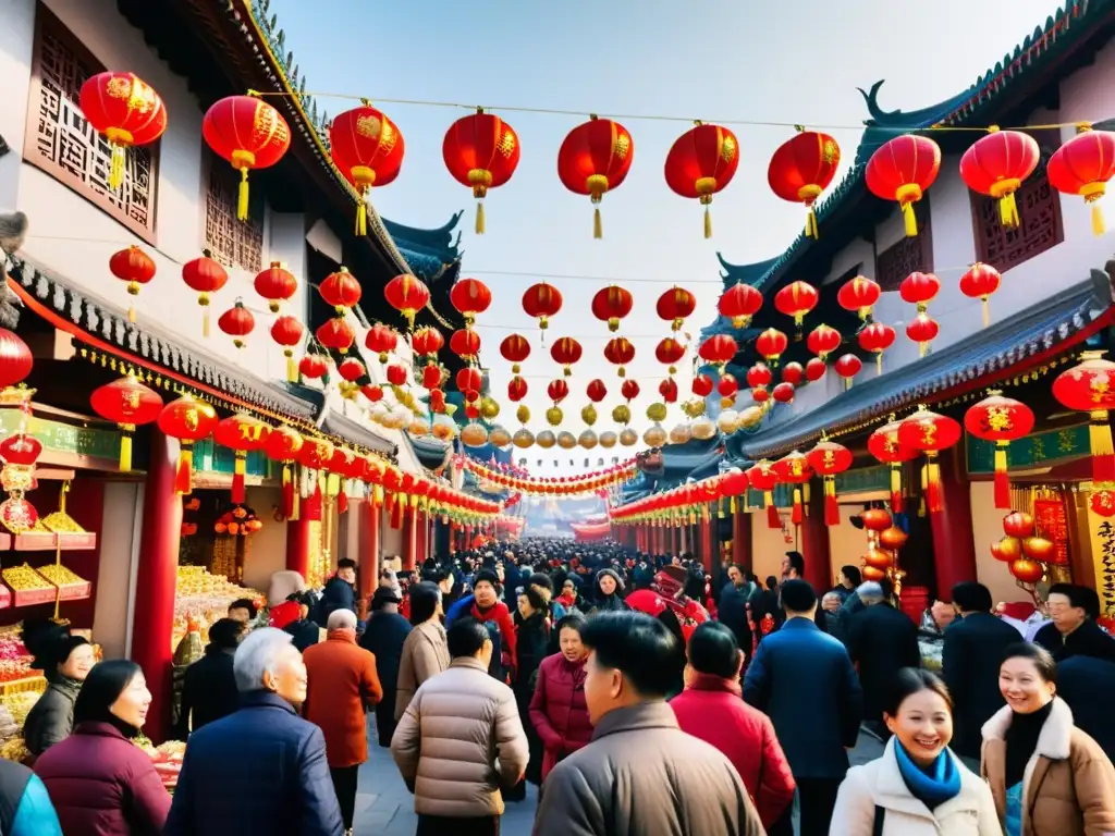 Vibrante calle china durante festivales Año Nuevo Chino, capturando diversidad cultural y energía festiva