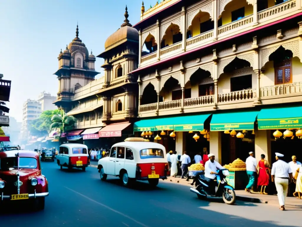 Vibrante calle de Mumbai con edificios ornamentados y vendedores de comida tradicional Parsi