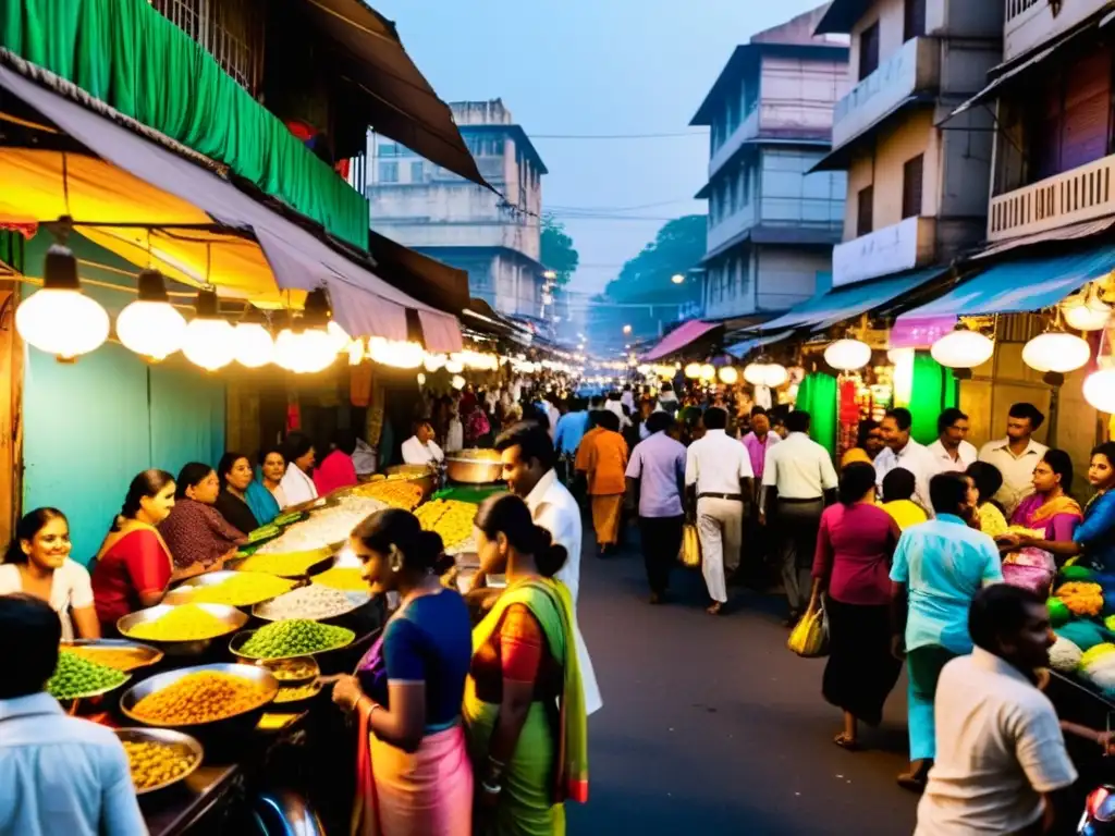 Vibrante calle de Mumbai al anochecer, con energía y movimiento