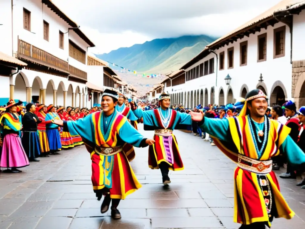 Vibrante calle durante la Fiesta del Inti Raymi en Cusco, llena de coloridos textiles incas y música andina