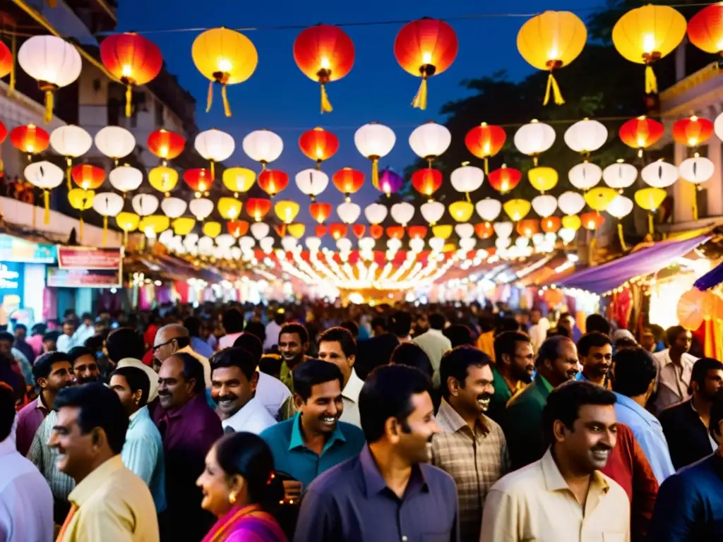 Vibrante calle en India durante el festival de Diwali, con luces y linternas coloridas