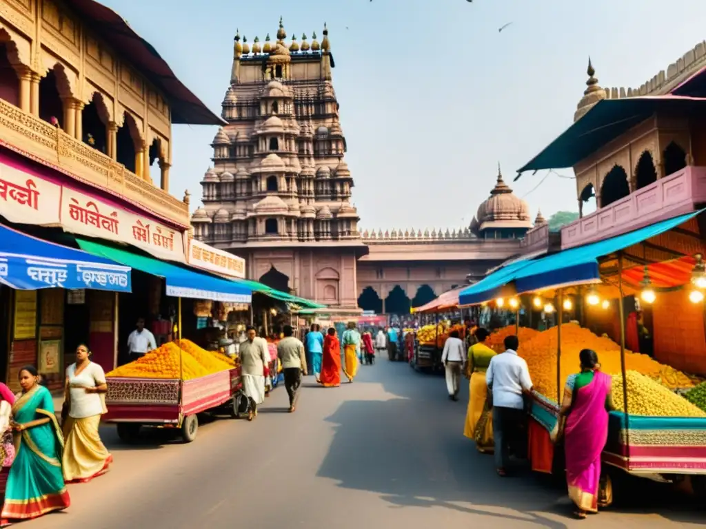 Vibrante calle de la India con influencia cristiana de los Jesuitas, gente diversa y colores vibrantes