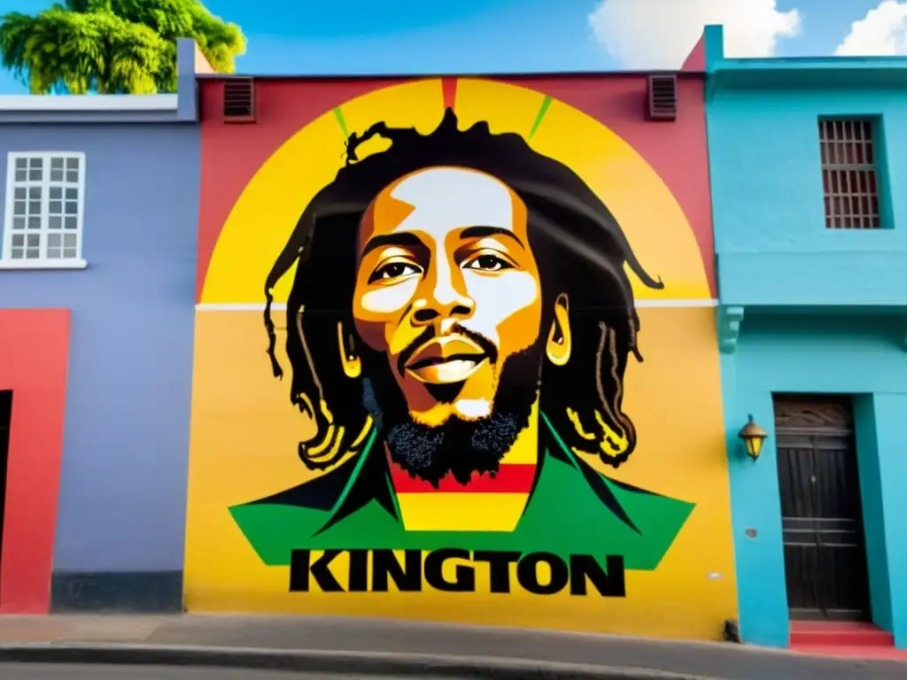 Vibrante calle de Kingston, Jamaica, llena de murales coloridos que representan la historia y cultura del reggae