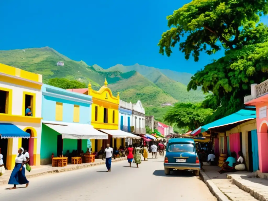 Vibrante calle en Puerto Príncipe, Haití, con arte tradicional, mercados bulliciosos y vestimenta típica