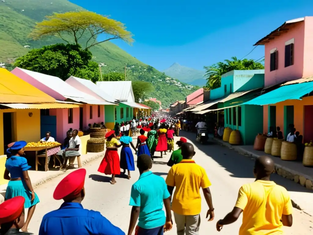 Una vibrante calle en Puerto Príncipe, Haití, llena de coloridas casas y gente viviendo la vida diaria