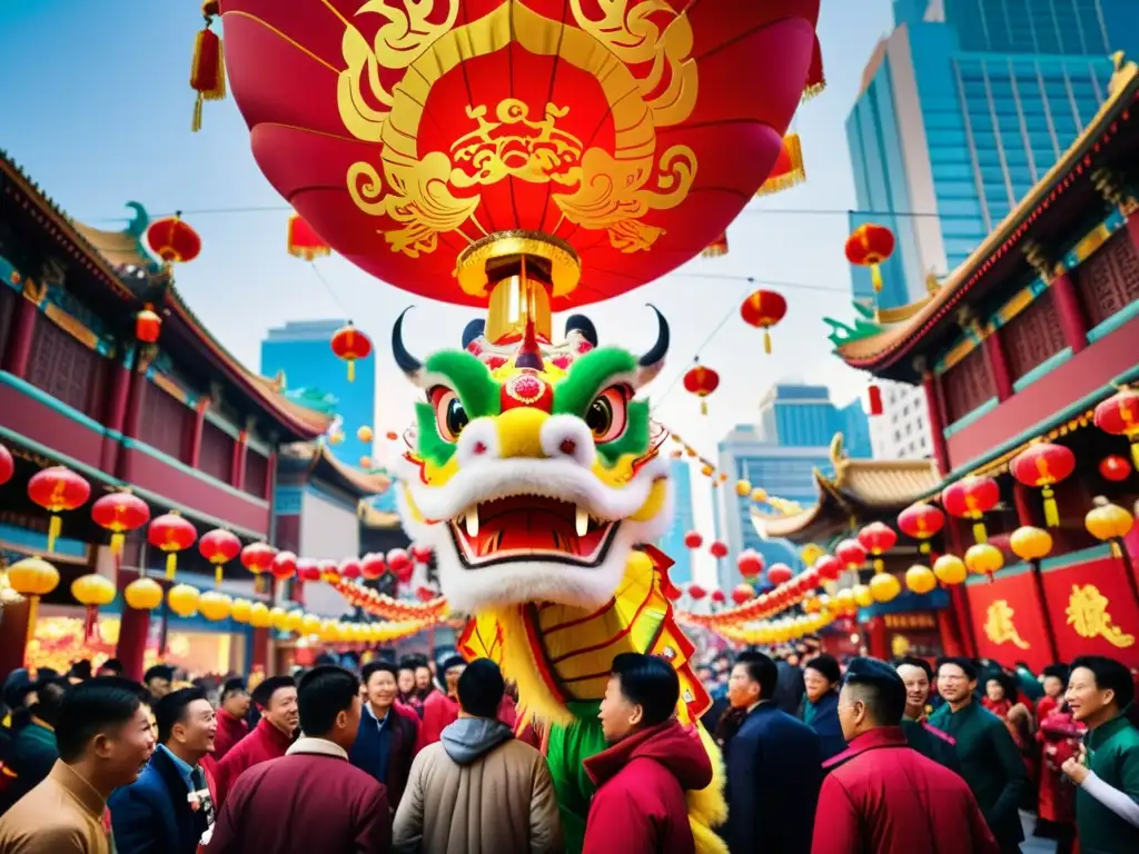 Vibrante celebración del Año Nuevo Chino en una bulliciosa calle de Chinatown, con diversidad cultural y festivales